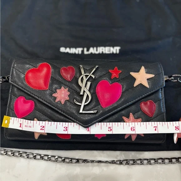 RARE Saint Laurent Calfskin Matelasse Chevron Heart Patchwork Monogram WOC-Black - Picture 15 of 15